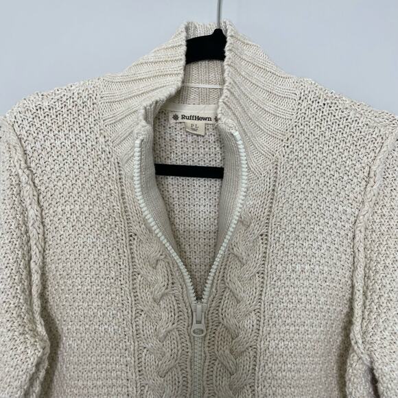 Ruff Hewn Sweater Jacket Cable Knit Zip Up Mock Neck Long Sleeve Cream PL Granny - Picture 6 of 12